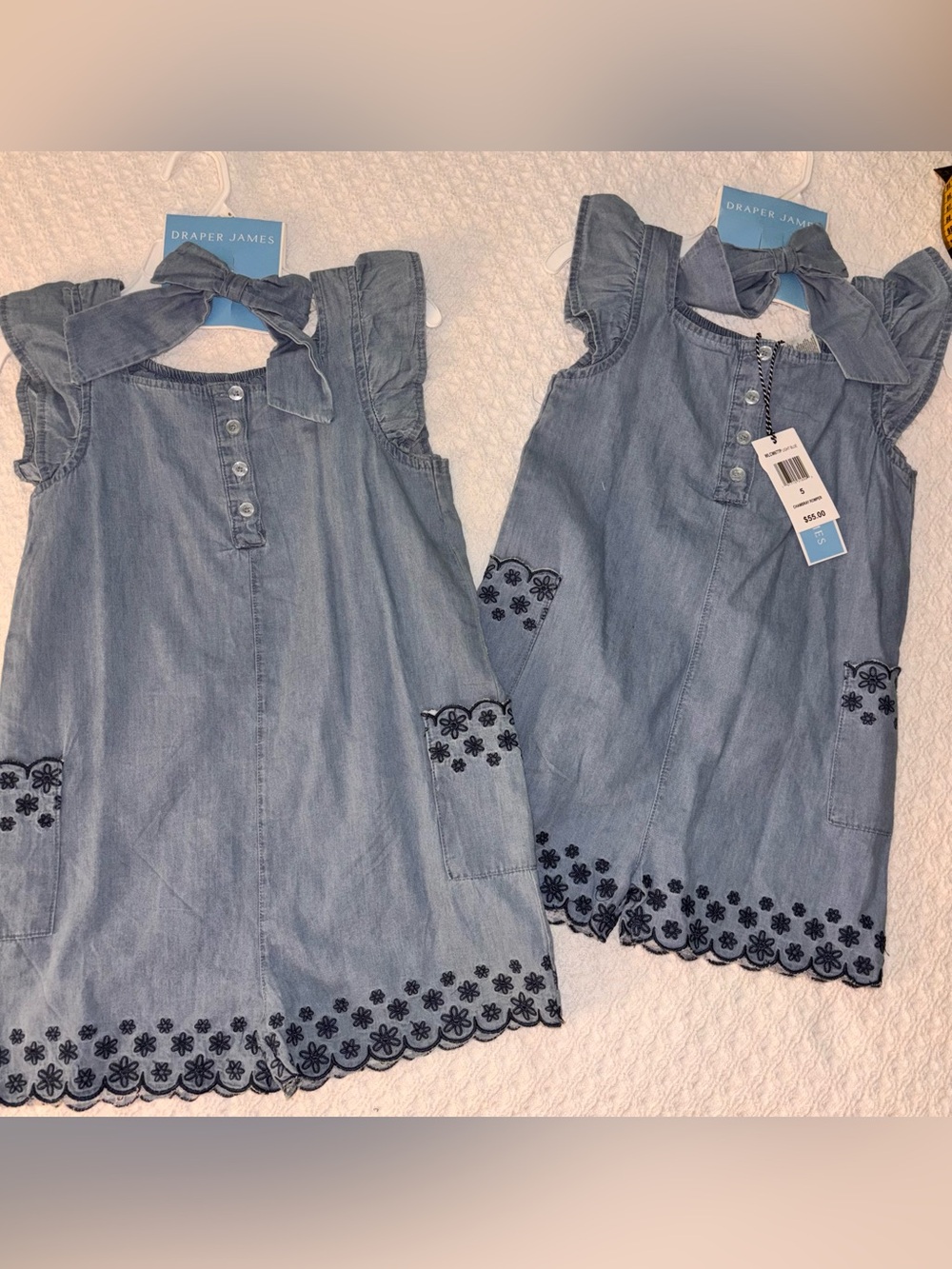 NWT Draper James Girls' Light Blue Cotton Chambray Rompers with Embroidered Hem
